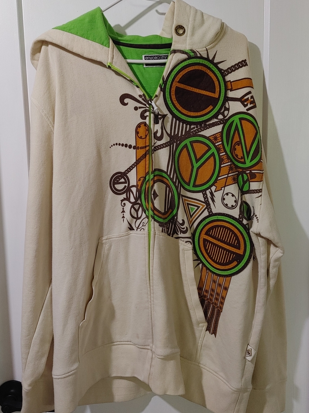 Cream Graphic Zip Hoodie with Lime Green Lining